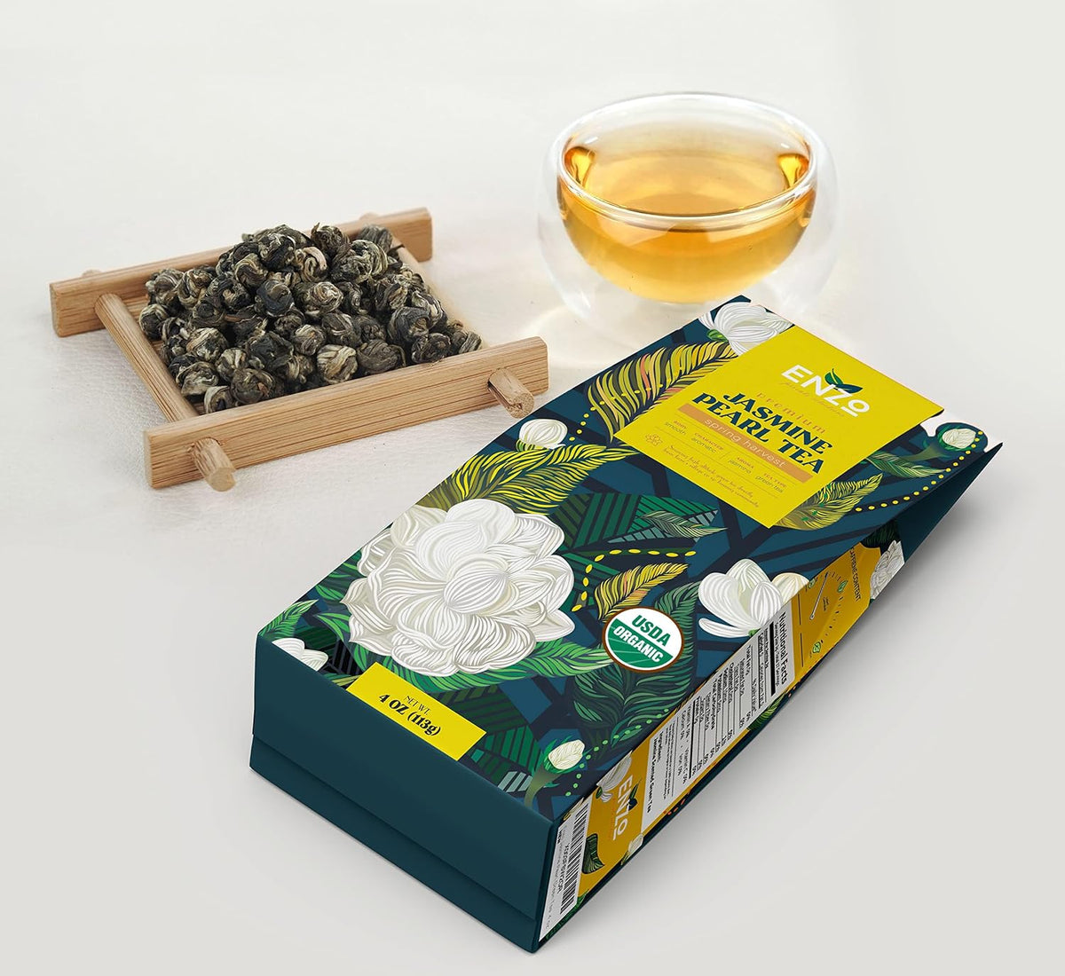 Organic Jasmine Green Tea Pearls - 4oz 113g - Dragon Pearl Tea by Enzo - Experience Soothing Scent of Jasmine Mellows Awaking Caffiene of Green Tea Pearl (Jasmine)
