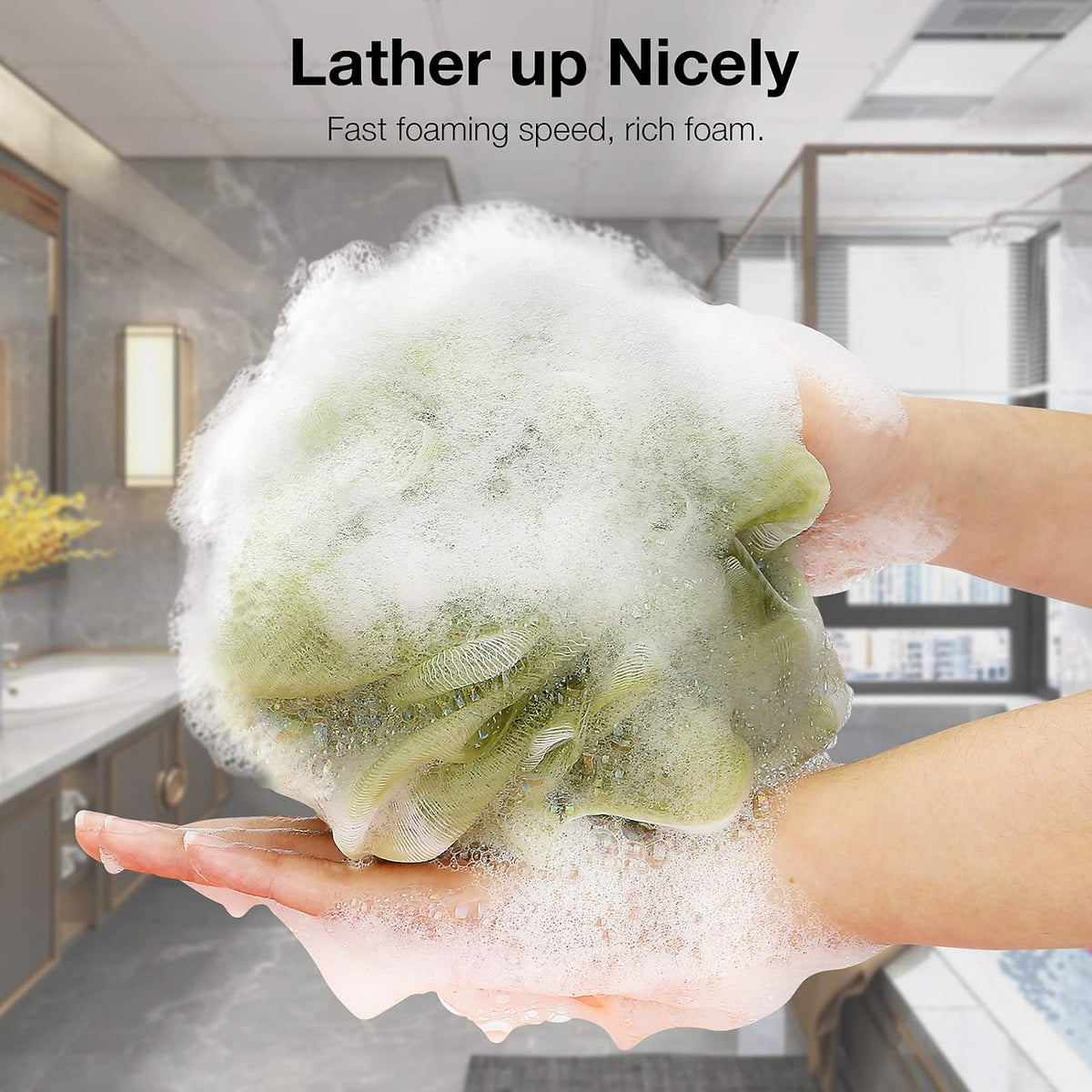 DadyMart Shower Loofah Sponge Pouf – XL Exfoliating Bath Puff Body Scrubber, Soft Mesh Shower Sponge with Reinforced Knot, Rich Lather, Set of 4 for Women and Men