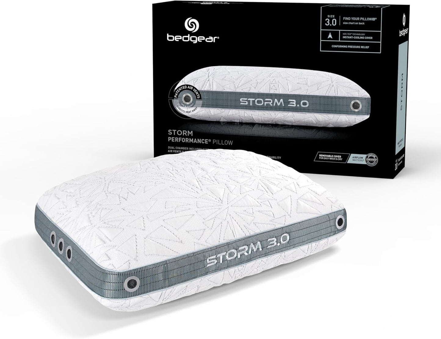 Bedgear Storm Performance Pillow, 1.0 Cooling Pillow for Side Sleepers, Medium Firm Support, Ver-Tex Cooling Cover, Air-X Mesh, Washable
