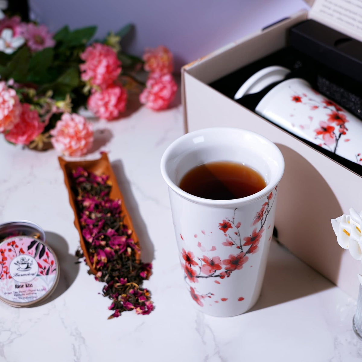 Tea Gift Set for Women - 6 Herbal Loose Leaf Tea Blends, Insulated Ceramic Cup with Infuser & Lid | Birthday, Mother's Day, Anniversary & Retirement Gift for Her