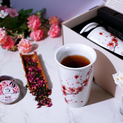 Tea Gift Set for Women - 6 Herbal Loose Leaf Tea Blends, Insulated Ceramic Cup with Infuser & Lid | Birthday, Mother's Day, Anniversary & Retirement Gift for Her
