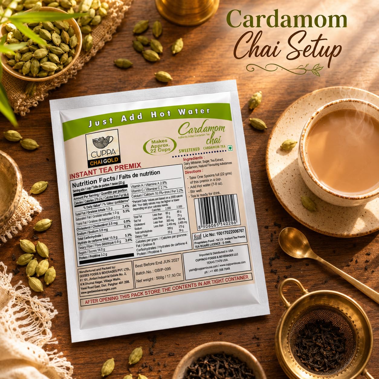 Chai Gold Instant Chai Tea Premix Powder - Sweetened Milk Tea Latte Mix for Home and Beverage Dispensers - [500g / 1.1 lb Bulk Bag] (Kadak)