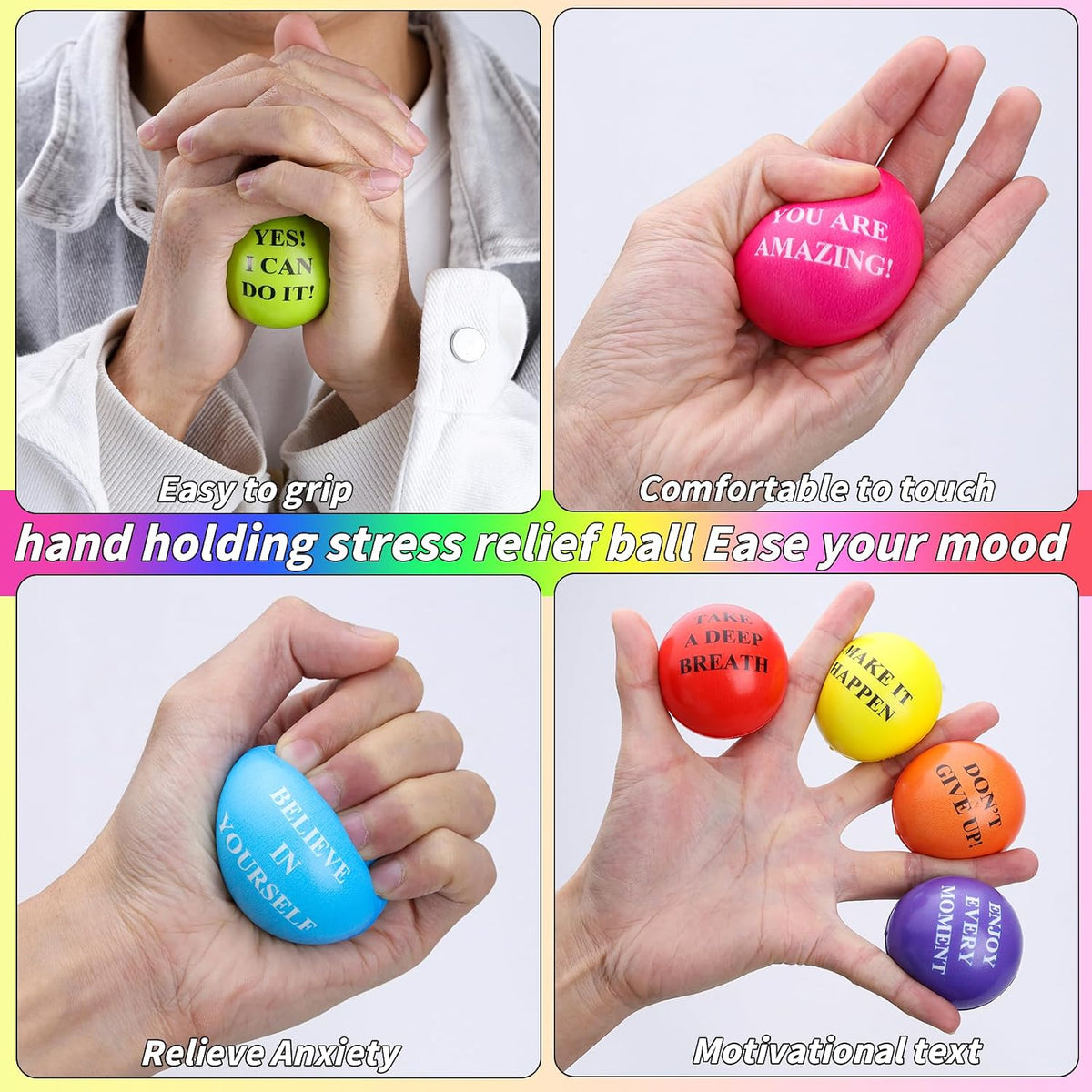 96 Pieces Motivational Stress Balls 2 Inch Inspirational Stress Relief Ball Bulk Hand Exercise Balls Encouraging Colorful Foam Balls Anxiety Small Balls with Quotes for Kids Adults Teens, 12 Styles