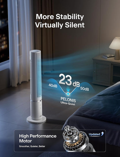 PELONIS 40 inch Bladeless Tower Fan for Bedroom, Standing Fan with Remote Control, 26ft/s, 90° Oscillation, 3 Speed Settings, 27dB, 3 Modes, 15-Hour Timer, LED Display, Fan that Blows Cold Air, White
