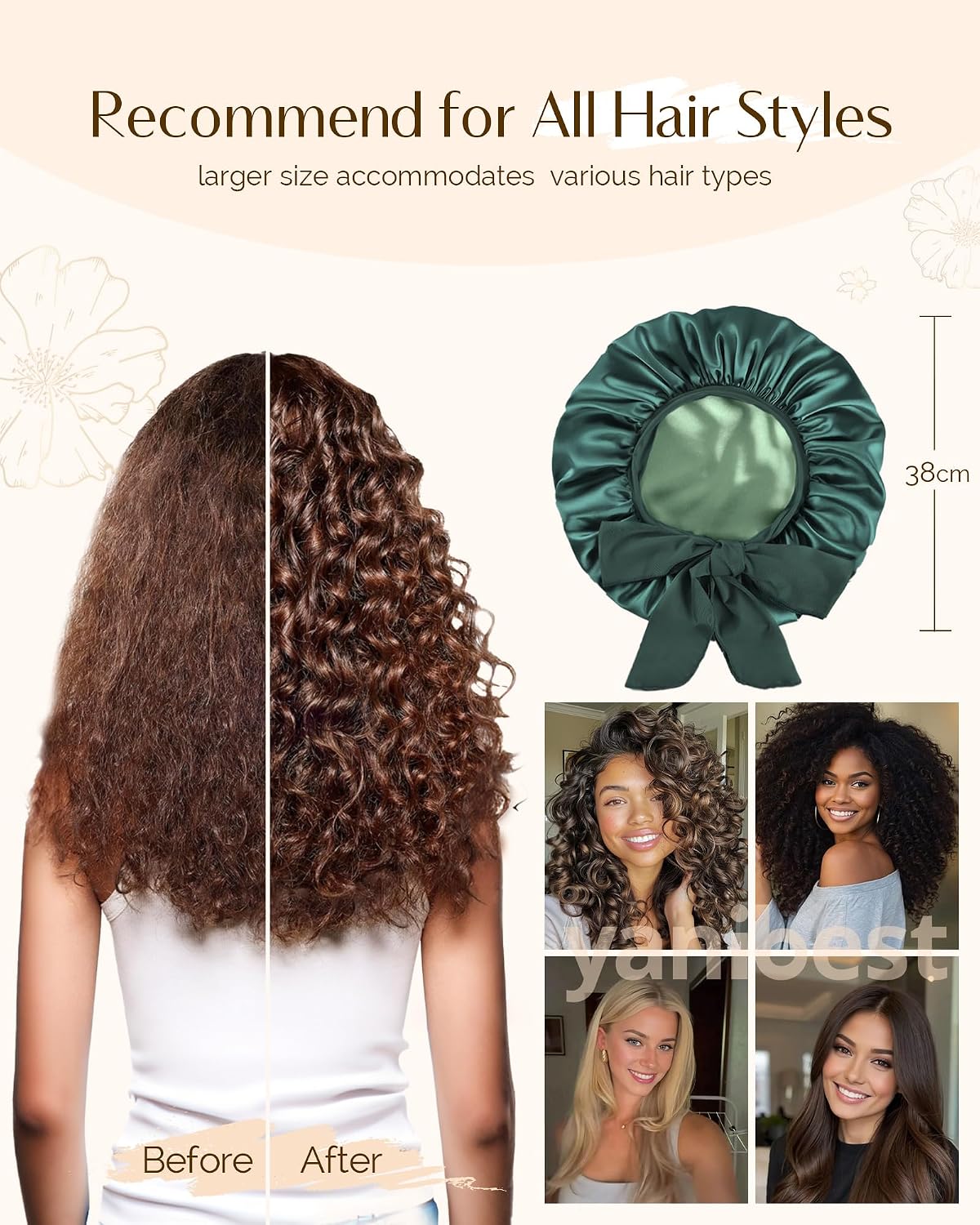 YANIBEST Adjustable Double Layer Satin Bonnet, Silk Hair Bonnet for Sleeping with Elastic Tie Curly Natural Hair Reduce frizz