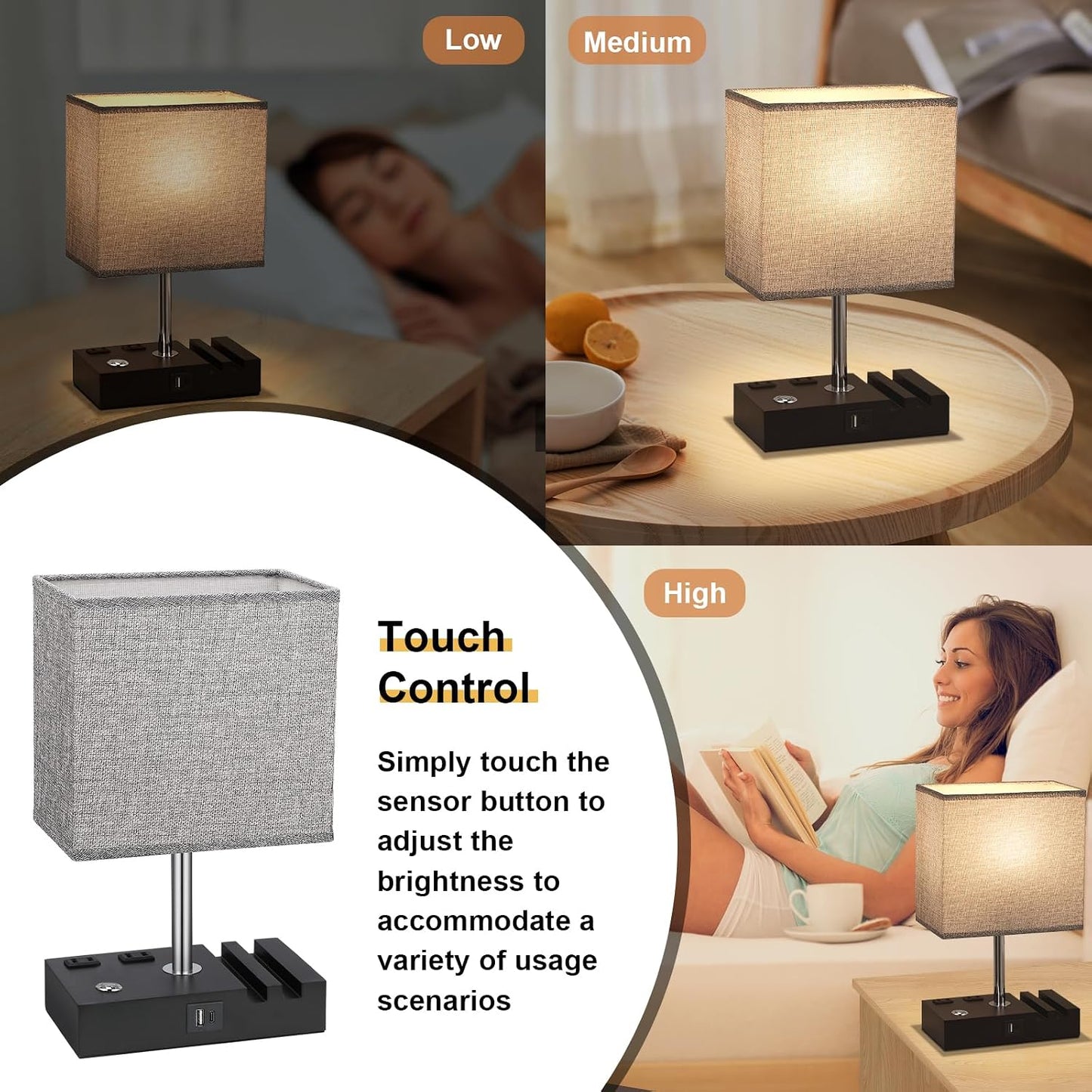 Kakanuo Fully Dimmable Nightstand Lamp for Bedroom with USB C Ports, Grey Small Bedside Table Lamp with Charging Outlets and Phone Stands, Wooden Desk Lamp for Living Room, LED Bulb Included