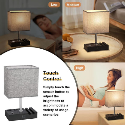 Kakanuo Fully Dimmable Nightstand Lamp for Bedroom with USB C Ports, Grey Small Bedside Table Lamp with Charging Outlets and Phone Stands, Wooden Desk Lamp for Living Room, LED Bulb Included