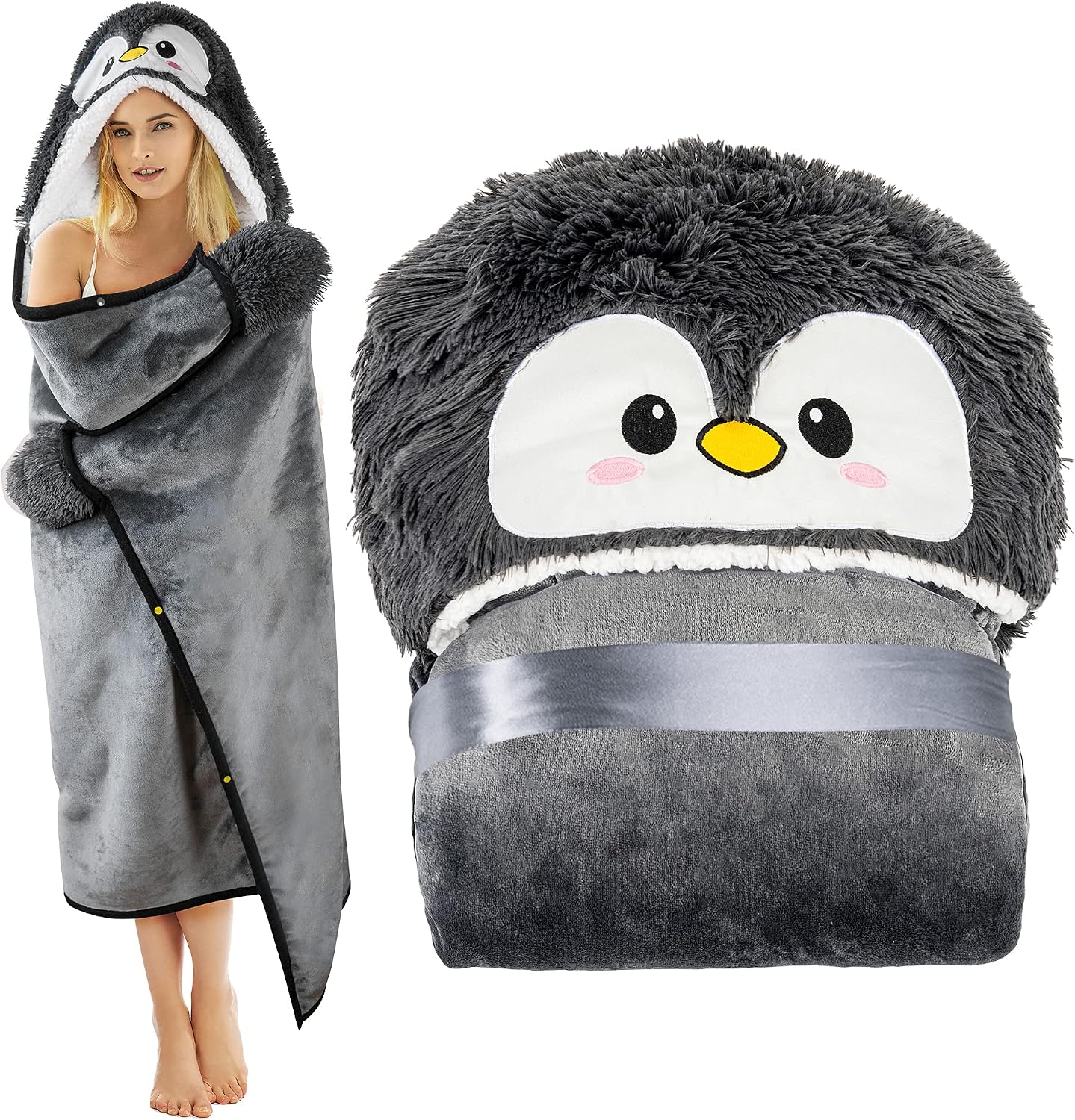 Penguin Wearable Hooded Blanket for Adults – Super Soft Warm Cozy Plush Flannel Fleece & Sherpa Hoodie Throw Cloak Wrap - Penguin Gifts for Women Adults Girls and Kids