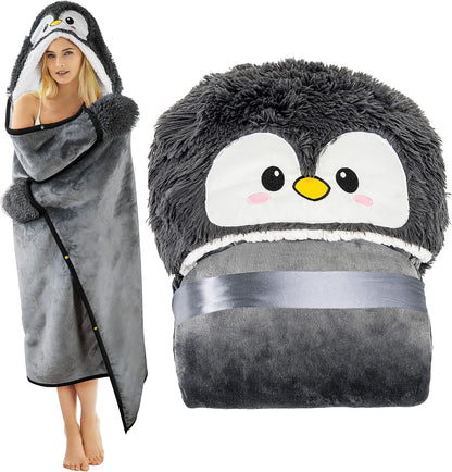 Penguin Wearable Hooded Blanket for Adults – Super Soft Warm Cozy Plush Flannel Fleece & Sherpa Hoodie Throw Cloak Wrap - Penguin Gifts for Women Adults Girls and Kids