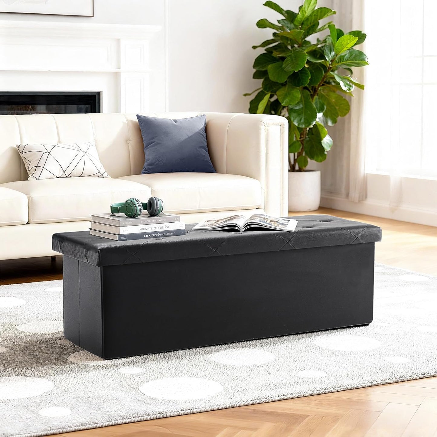 DUMOS 43 Inch Folding Storage Ottoman Bench, Large Hidden Storage Chest with Thicker Foam Padded Seat, End of Bed Foot Rest Stool for Bedroom Living Room Entryway, Load 660 lbs, Grey