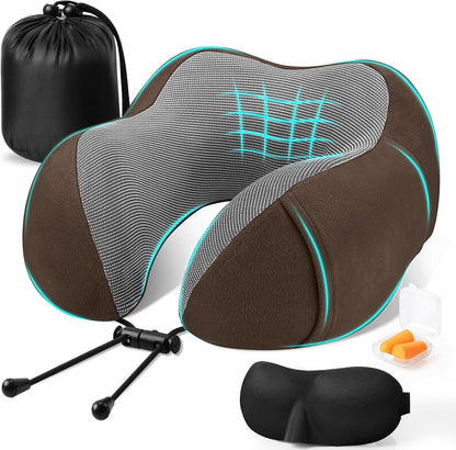CloudBliss Travel Pillow for Airplane, Memory Foam Neck Pillow for Travel, Compact Flight Pillow with Eye Mask, Earplugs, Carry Bag, Travel Neck Pillow for Long Flight Sleep, Plane Accessories, Black