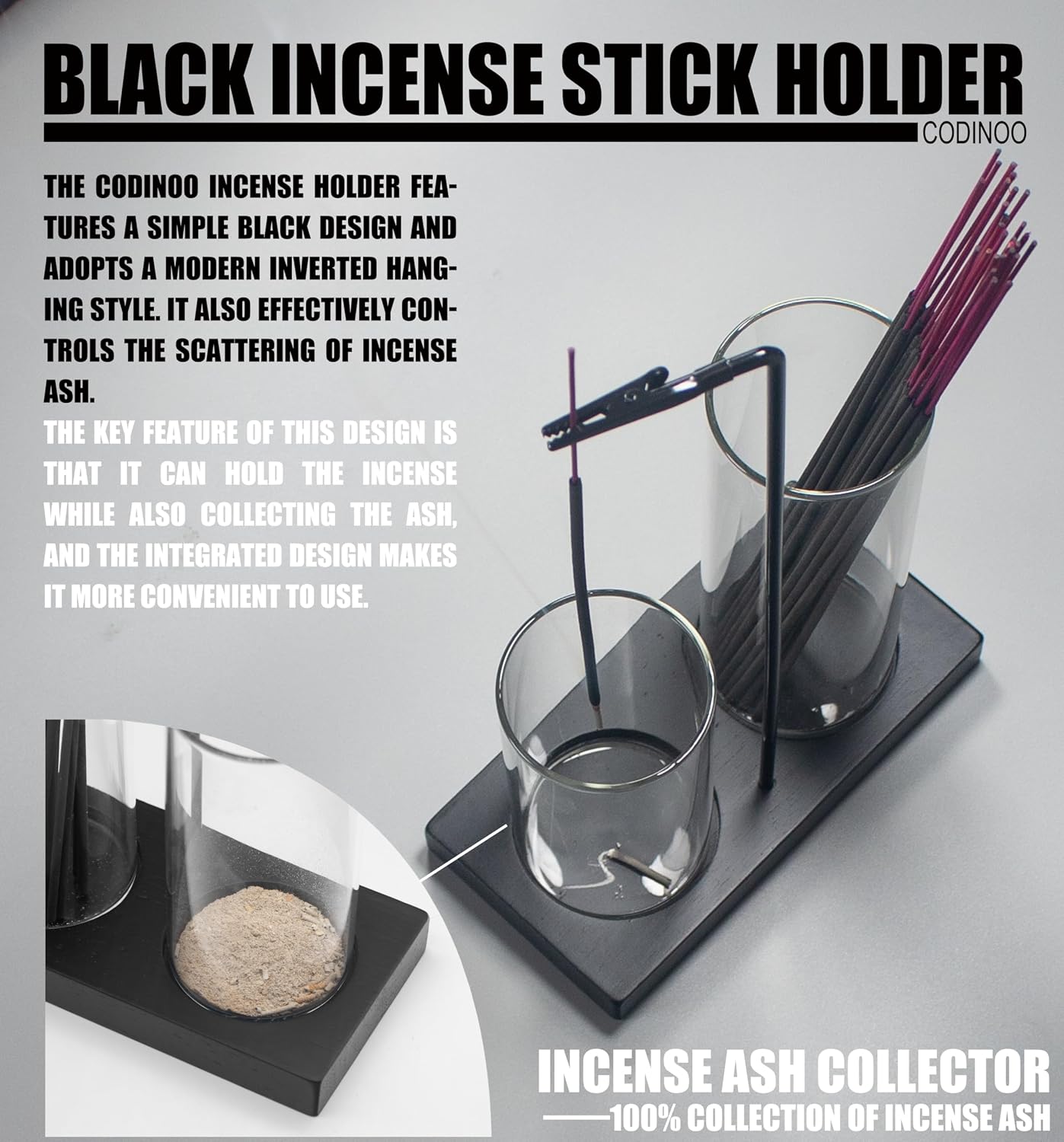 2 in 1 Incense Burner Holder for Sticks,Glass Incense Holder with Storage,Upside Down Incense Holder for Sticks with Glass Ash Catcher for Meditation Yoga Spa Room Home Decor[Full Black]