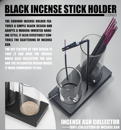 2 in 1 Incense Burner Holder for Sticks,Glass Incense Holder with Storage,Upside Down Incense Holder for Sticks with Glass Ash Catcher for Meditation Yoga Spa Room Home Decor[Full Black]