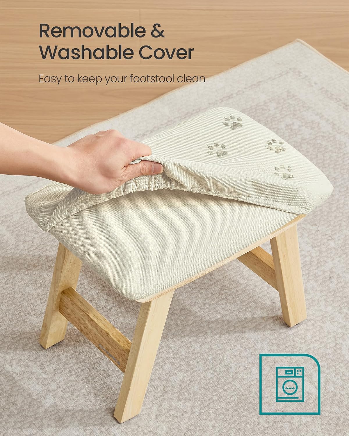 SONGMICS Foot Stool Ottoman, Padded Foot Rest Under Desk with Solid Wood Frame, Removable Cover, for Living Room, 9.8 x 15.4 x 11.8 Inches, Summer Sand and Brown ULSF052LF01