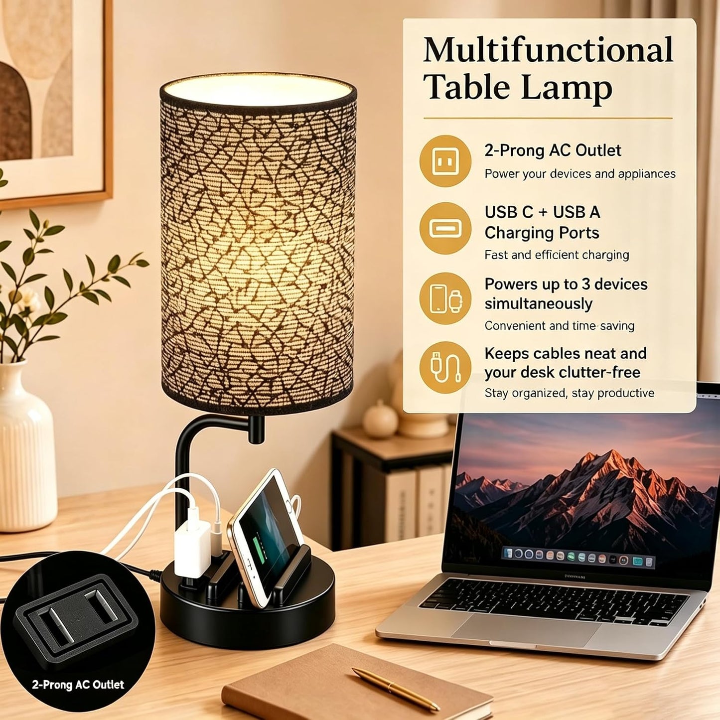 Dreamholder Touch Control USB Table Lamp with USB C/A & AC Outlet, 3-Way Dimmable Bedside Lamp, Modern Nightstand Lamps for Bedroom Living Room Guest Room Office, Bulb Included, Gold