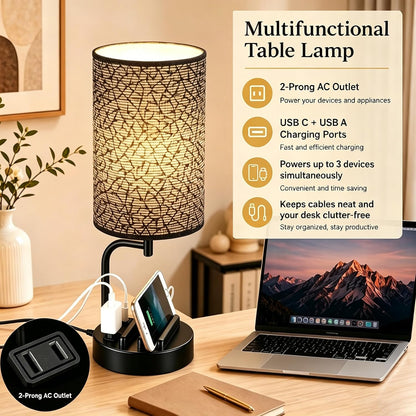 Dreamholder Touch Control USB Table Lamp with USB C/A & AC Outlet, 3-Way Dimmable Bedside Lamp, Modern Nightstand Lamps for Bedroom Living Room Guest Room Office, Bulb Included, Gold