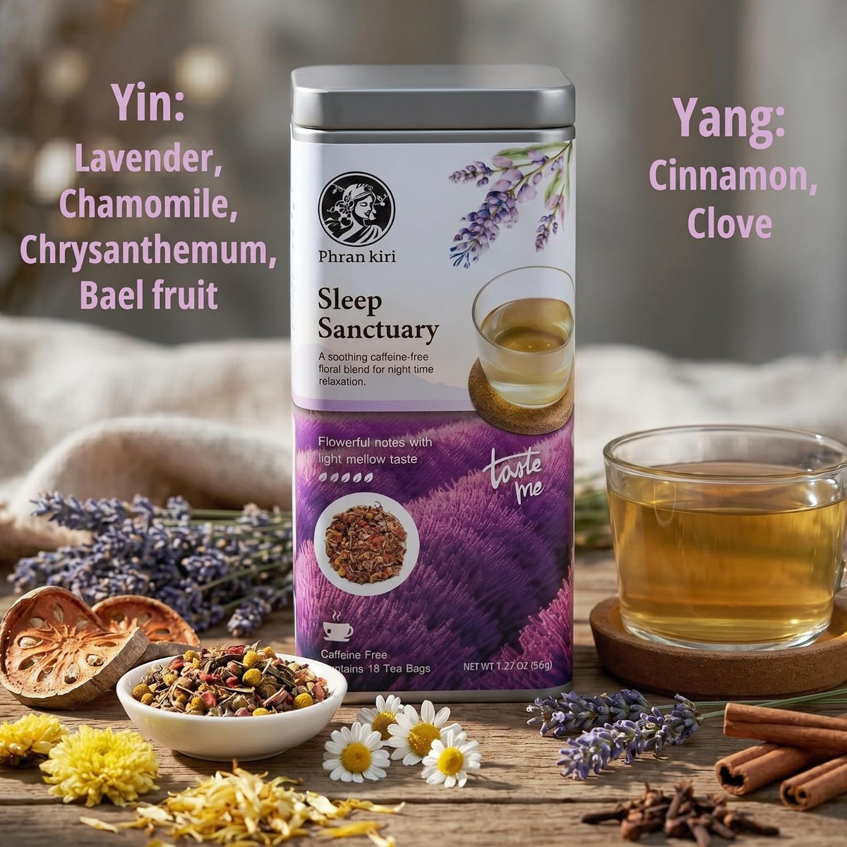 Sleep Sanctuary by Phran kiri - Caffeine-Free Herbal Tea Bags for Night Time Relaxation, Soothing Lavender & Chamomile Herbal Teas for a Cozy Evening Ritual, 18 Count (1.27 oz)