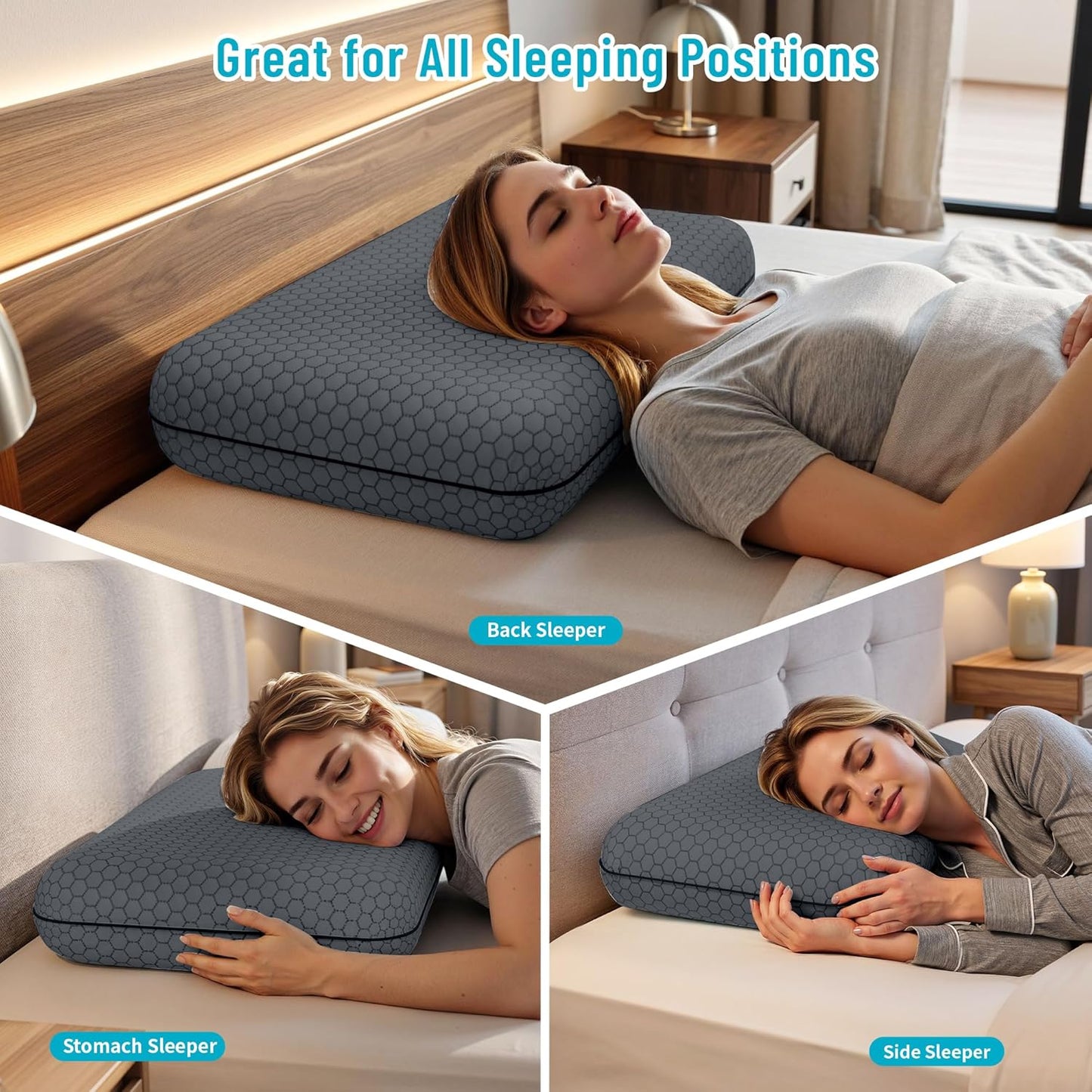 CushyOasis Memory Foam Pillows for Side, Back and Stomach Sleepers, Set of 2, Bed Pillow with Washable Cover and Breathable Mesh, Bed Pillow for Sleeping (Blue，Standard Size)