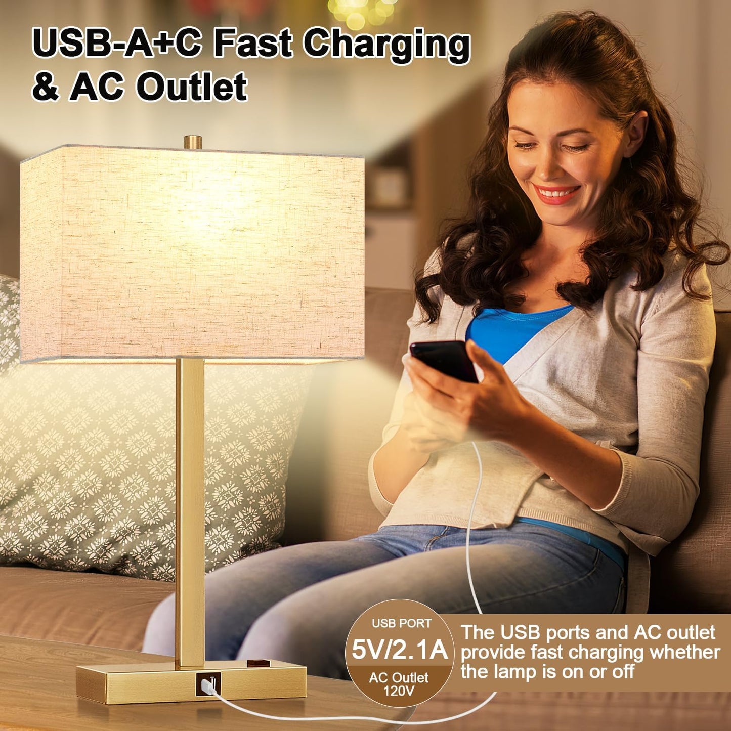 21" Touch Bedside lamps with 2 USB & AC Outlets, 3-Way Dimmable Bedside Table Lamps Set of 2 for Bedroom Living Room Office Reading, Gray Shade Lamps for Night Stands, 5000K LED Bulbs Included