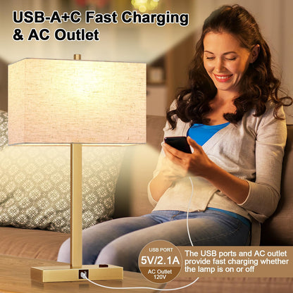 21" Touch Bedside lamps with 2 USB & AC Outlets, 3-Way Dimmable Bedside Table Lamps Set of 2 for Bedroom Living Room Office Reading, Gray Shade Lamps for Night Stands, 5000K LED Bulbs Included