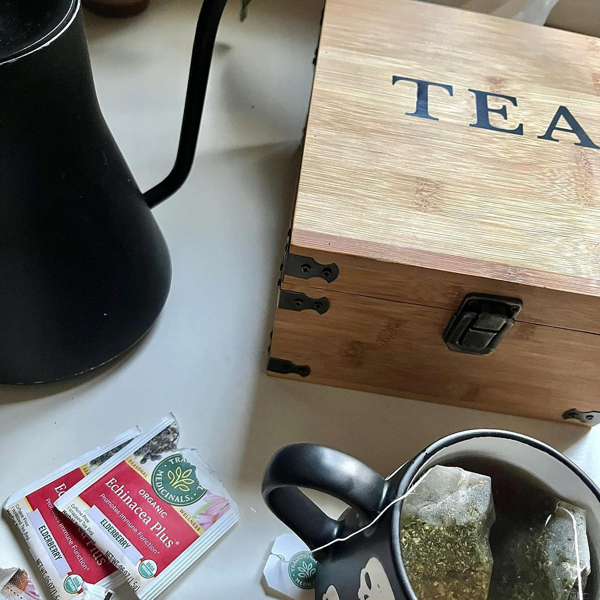 Tea Organizer Box Food Safe Chemical Free Bamboo Wood Storage Chest Big, Tall, Adjustable Cubbies (8-Slot 14.3" x 8.1" x 4.2" with TEA print design)