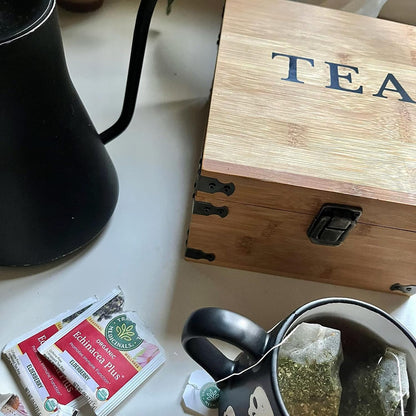 Tea Organizer Box Food Safe Chemical Free Bamboo Wood Storage Chest Big, Tall, Adjustable Cubbies (8-Slot 14.3" x 8.1" x 4.2" with TEA print design)