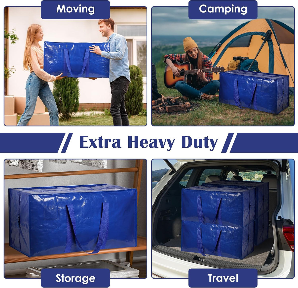 Moving Bags Heavy Duty 210GSM with Full-Open Side Zipper, 93L 220lbs Waterproof Foldable Storage Totes for College Dorm Move-In, Moving Boxes Alternative & Home Organization, Blue