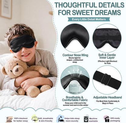 Kids Sleep Mask, Soft Eye Mask for Boys Girls with Adjustable Strap, Silk Light Blocking Sleeping Mask for Naps, Travel and Night Sleep, Includes Laundry Bag (Black)