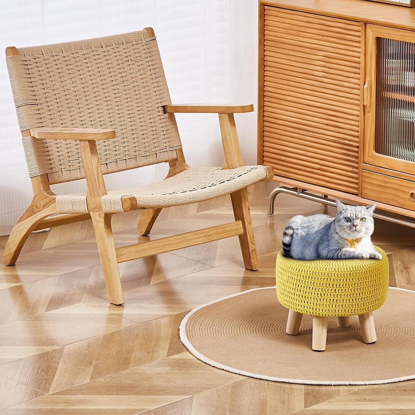 Wimarsbon Pouf Ottoman, 100% Cotton Knitted Boho Footstool, Round Footrest with Non-Skid Wood Legs, Home Décor Handmade Pouffe, Leisure Floor Step Stool for Living Room (Beige)