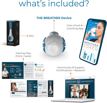 THE BREATHER │ Natural Breathing Exerciser Trainer For Drug-Free Respiratory Therapy │ Breathe Easier with Stronger Lungs │ Guided Mobile Training App Included