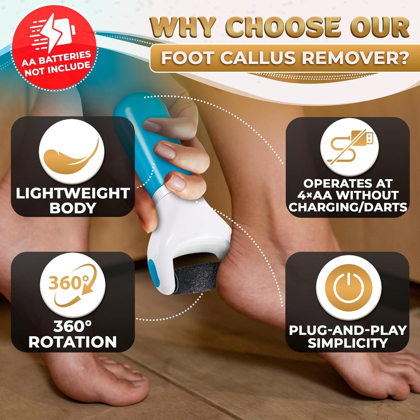 Electric Foot Callus Remover Tool for Dead Skin & Cracked Heels – Battery-Operated Foot Grinder with Replaceable Roller – Pedicure Tools for Feet & Toes – Smooth Feet at Home (Batteries Not Included)