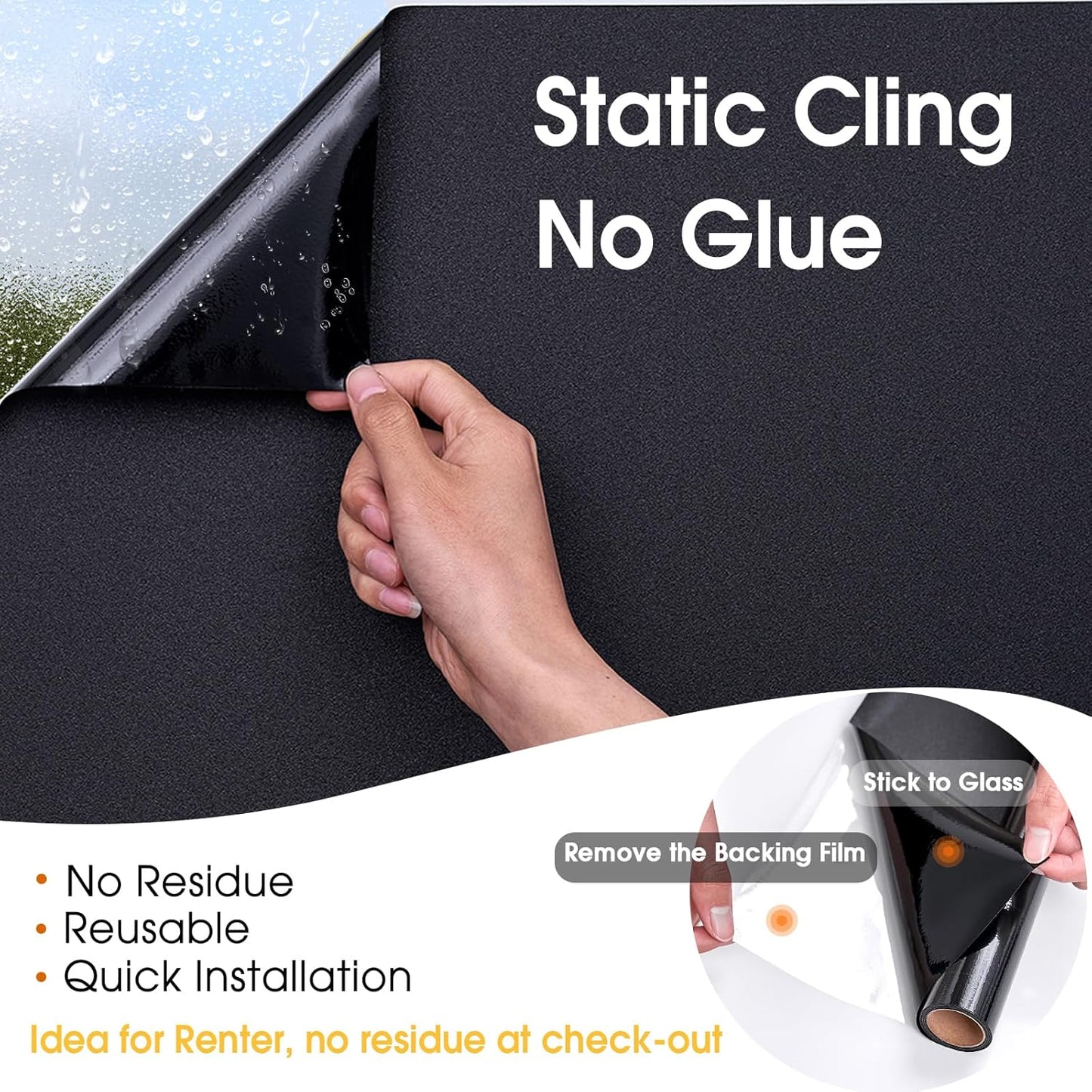 Coavas Blackout Window Film, 100% Light Blocking Privacy Window Film, No Glue Static Cling, Heat & UV Blocking, Removable Room Darkening Window Cover, Renter Friendly for Bedroom, 17.5x78.7Inch,Black