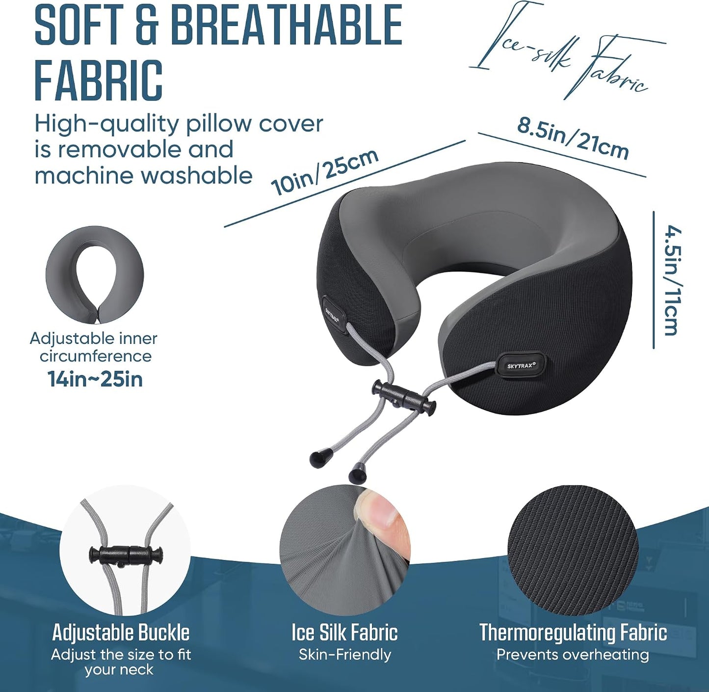 SKYTRAX COMF® Premium Ergonomic Memory Foam Travel Neck Pillow, Washable Cooling Ice Silk Cover, Firm Neck Support for Airplane Long Flights & Pain Relief, with Portable Carry Case (Grey)