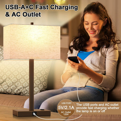 21" Touch Bedside lamps with 2 USB & AC Outlets, 3-Way Dimmable Bedside Table Lamps Set of 2 for Bedroom Living Room Office Reading, Gray Shade Lamps for Night Stands, 5000K LED Bulbs Included