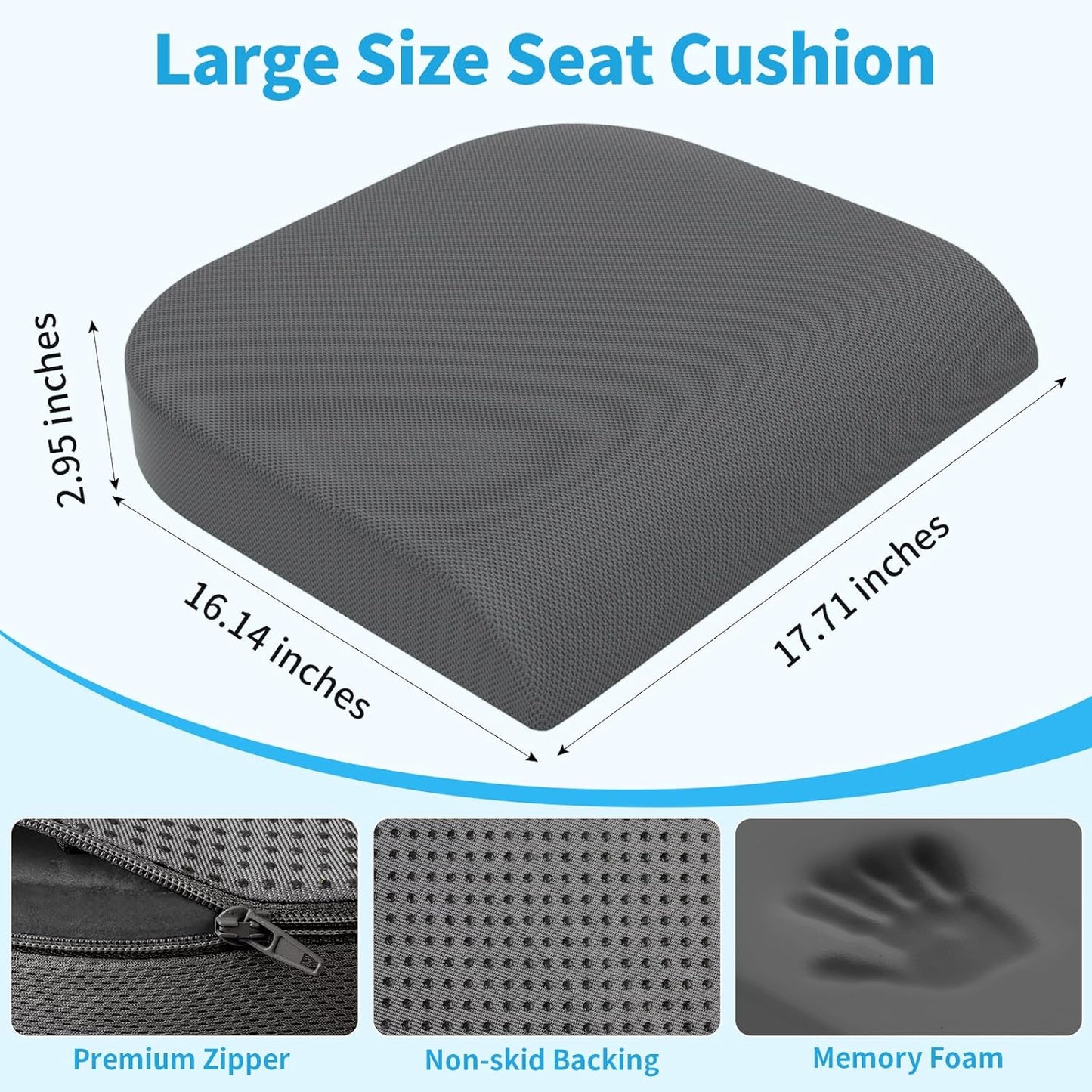TranquilRelax Large Seat Cushion, Memory Foam Cushion for Long Sitting Hours on Office Chair, Car Seat, Non-Slip Chair Pad for Sciatica, Coccyx, Tailbone Pain Relief & Post-Surgery Recovery (Black)