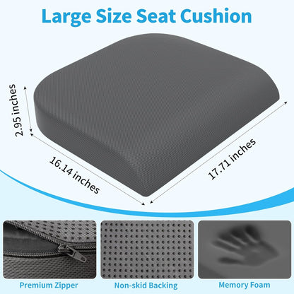 TranquilRelax Large Seat Cushion, Memory Foam Cushion for Long Sitting Hours on Office Chair, Car Seat, Non-Slip Chair Pad for Sciatica, Coccyx, Tailbone Pain Relief & Post-Surgery Recovery (Black)