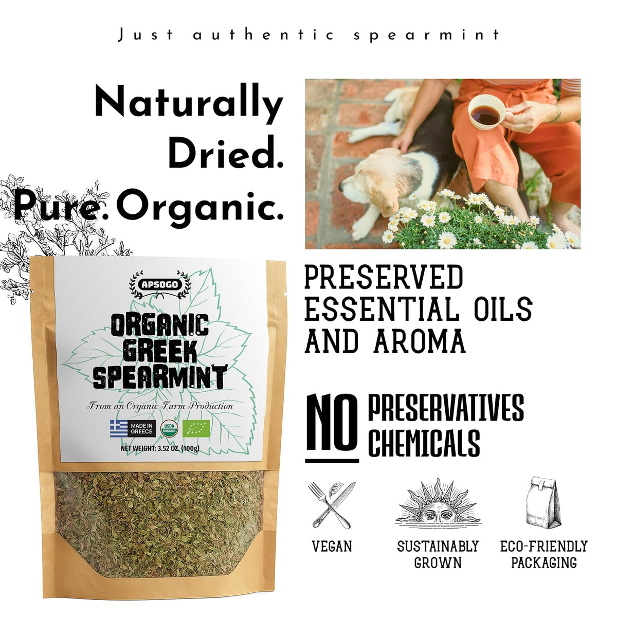 Apsogo Organic Greek Spearmint Tea - Loose Leaf Dried Mint Leaves, 1.76oz