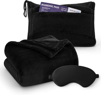 Bedsure Travel Blanket Airplane Compact with Storage Bag, Packable Blanket with Eye Mask, Lightweight 2-in-1 Travel Essentials, Functioned as Pillow for Airplane Comfort and Warmth, Pink