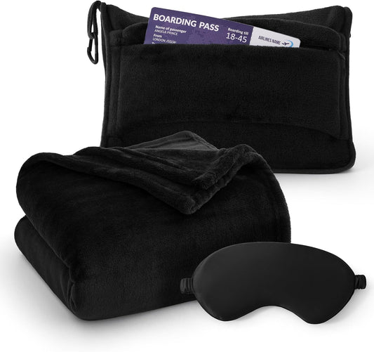 Bedsure Travel Blanket Airplane Compact with Storage Bag, Packable Blanket with Eye Mask, Lightweight 2-in-1 Travel Essentials, Functioned as Pillow for Airplane Comfort and Warmth, Pink