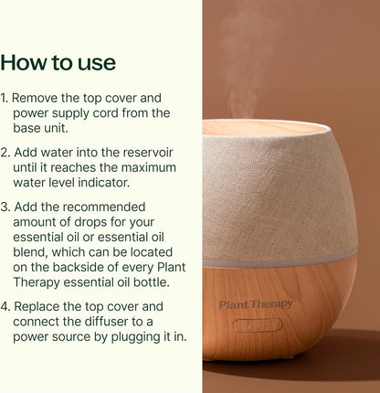Plant Therapy Home Drift Linen Essential Oil Diffuser, Stylish Linen Cover Adds a Soft, Natural Touch to Any Space, Intermittent & Continuous Mist, Color-Changing Light, 320 Square Feet Coverage