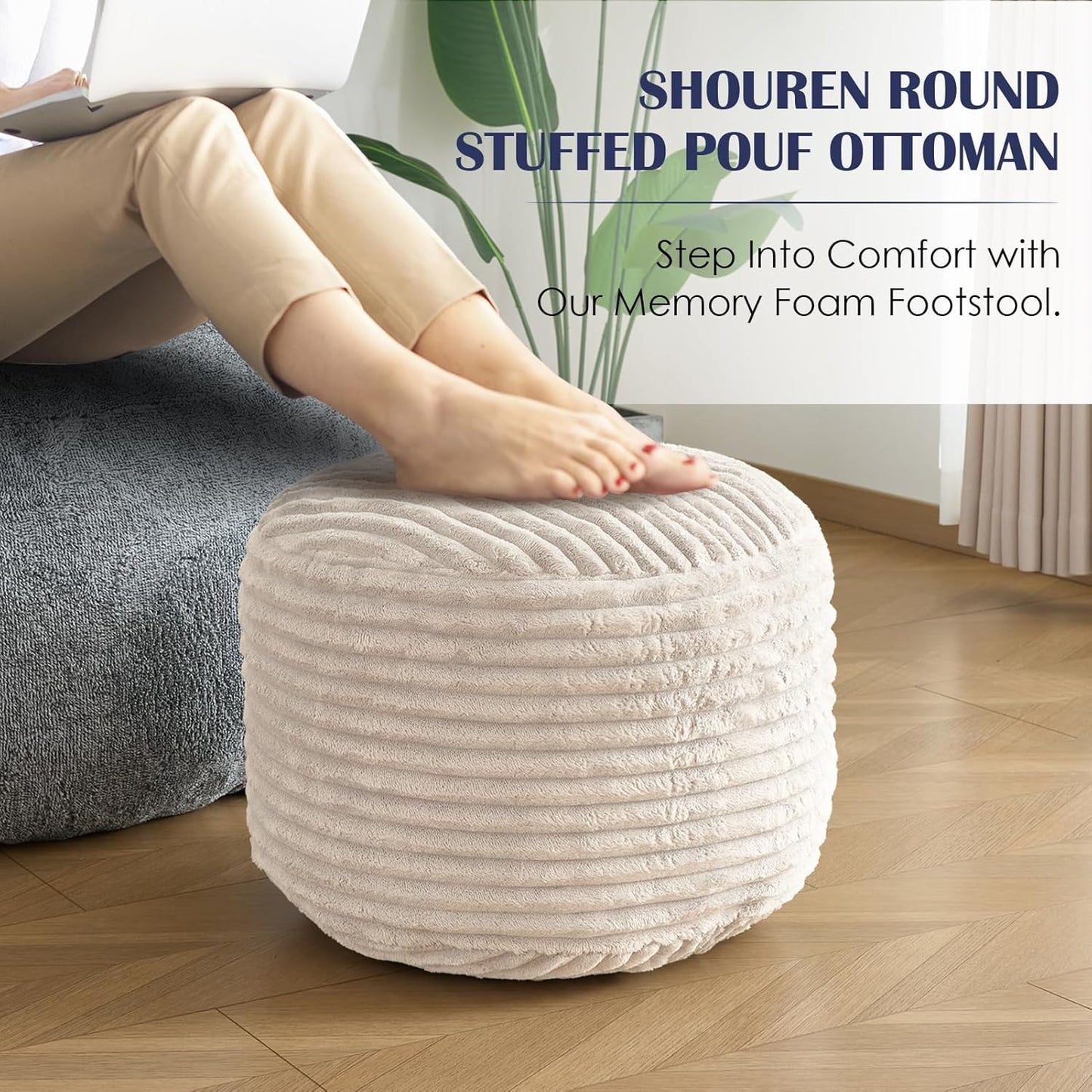 SHOUREN Stuffed Round Ottoman,Corduroy Pouf Ottoman Foot Rest with Foam Filling,Pouf Storage Ottoman Footstool for Living Room,20 X 15 Floor Poufs for Couch,Footrest Only - 20 X 15 Inches,Beige