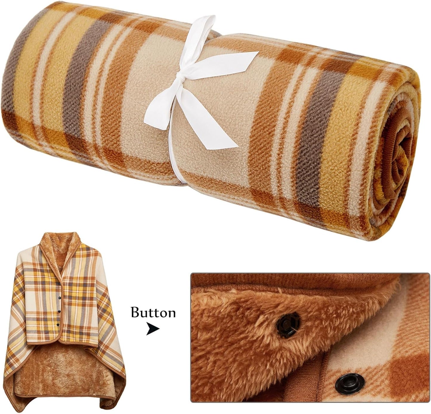 forestfish Fleece Wearable Blanket, Plaid Lap Blanket Comfy Poncho Throw with Buttons for Bed Sofa Office, Grey-White