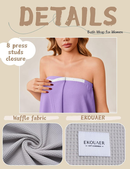 Ekouaer Womens Bath Wraps Waffle Lightweight Knee Length Soft Spa Robe with Adjustable Closure Lavender M