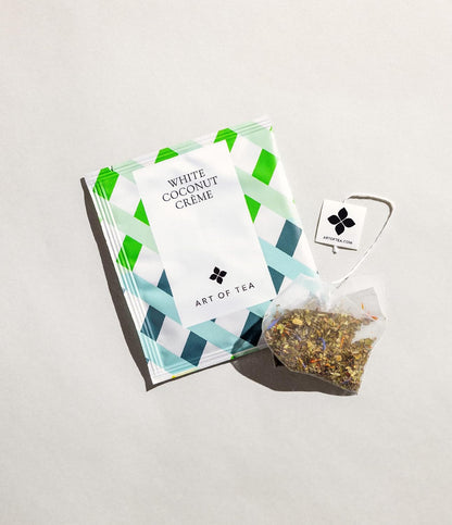 Art of Tea White Coconut Creme White Tea Bags, 50 Pyramid Sachets, Organic White Tea with Coconut & Vanilla Flavor, Low Caffeine Tropical Dessert Tea