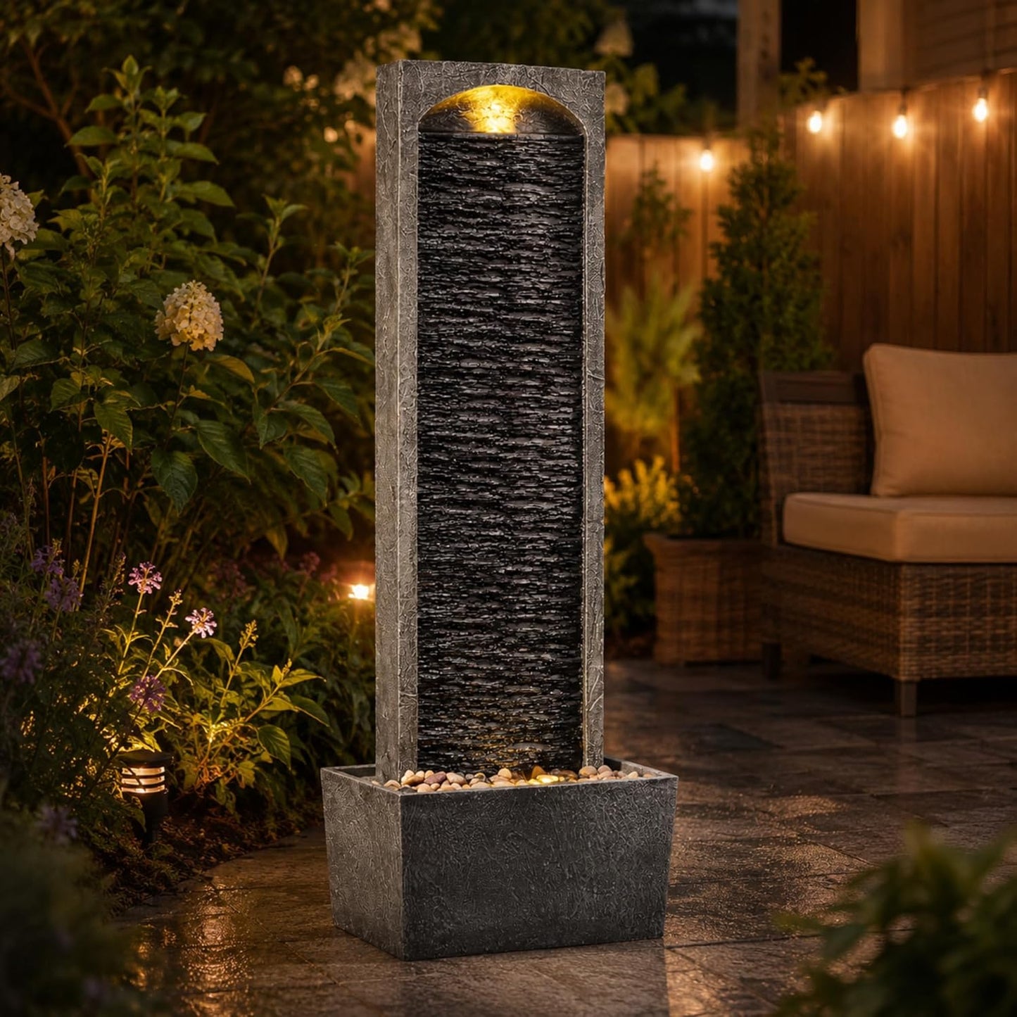Teamson Home 38.58 in. Modern Curved Faux Slate Waterfall Fountain for Indoors or Outdoors with LED Light Accents and 1.98-Gallon Pump, Black and Stone Gray | Freestanding Floor Garden Waterfall, LED Lights, Weatherproof Polyresin, For Patio & Yard