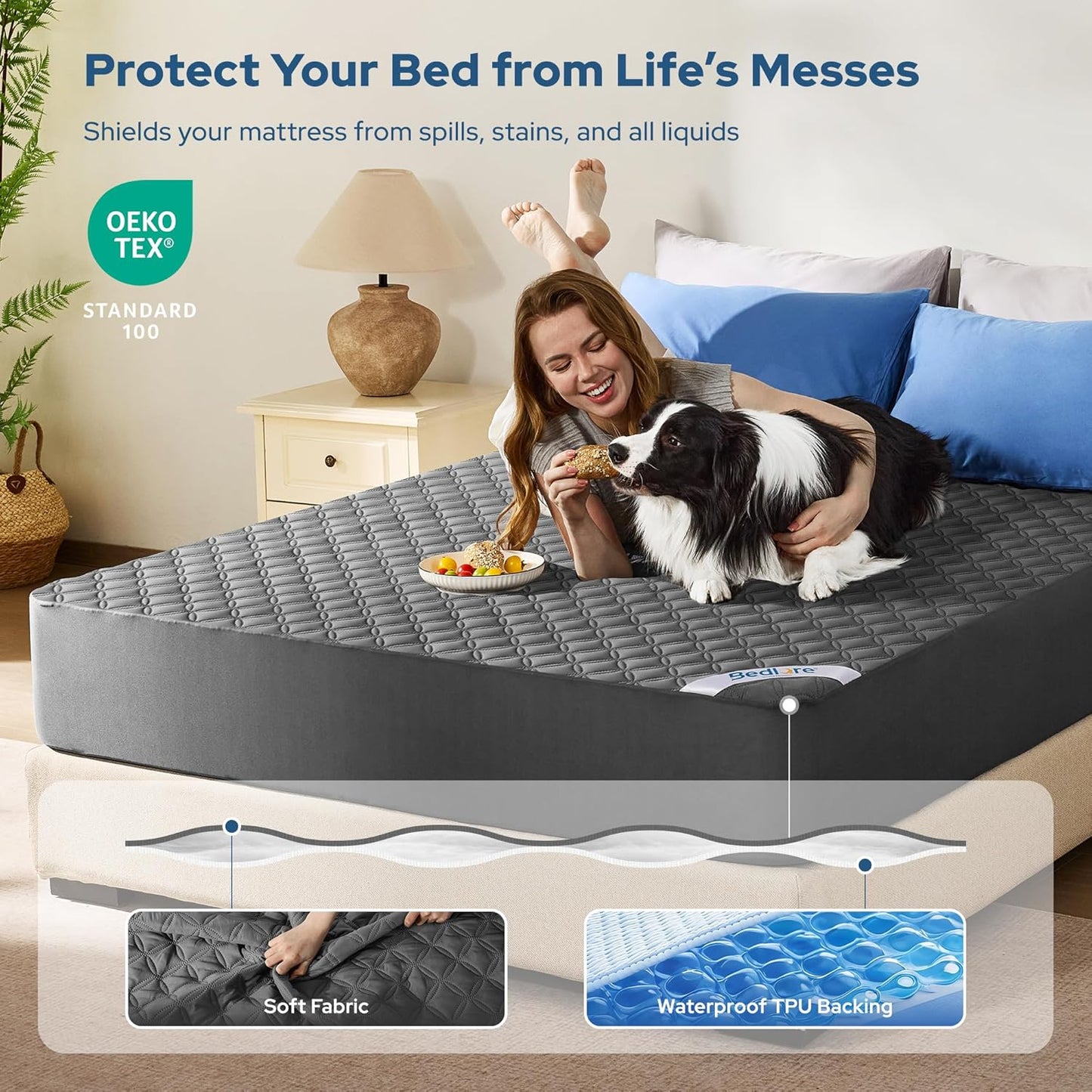 2 Pack Waterproof Mattress Protector, Queen Size Mattress Pad Noiseless with Deep Pocket Fitted for 6"-18", Soft Breathable Dirt-Proof Bed Mattress Cover Washable for Home, Bedroom, Hotel (Gray)