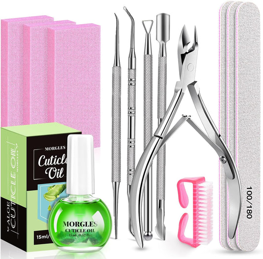 MORGLES Nail File and Buffer Blocks with Nail Care Kit, 13 Pcs Manicure Kit for Women with Milk and Honey Cuticle Oil and Cuticle Trimmer Set