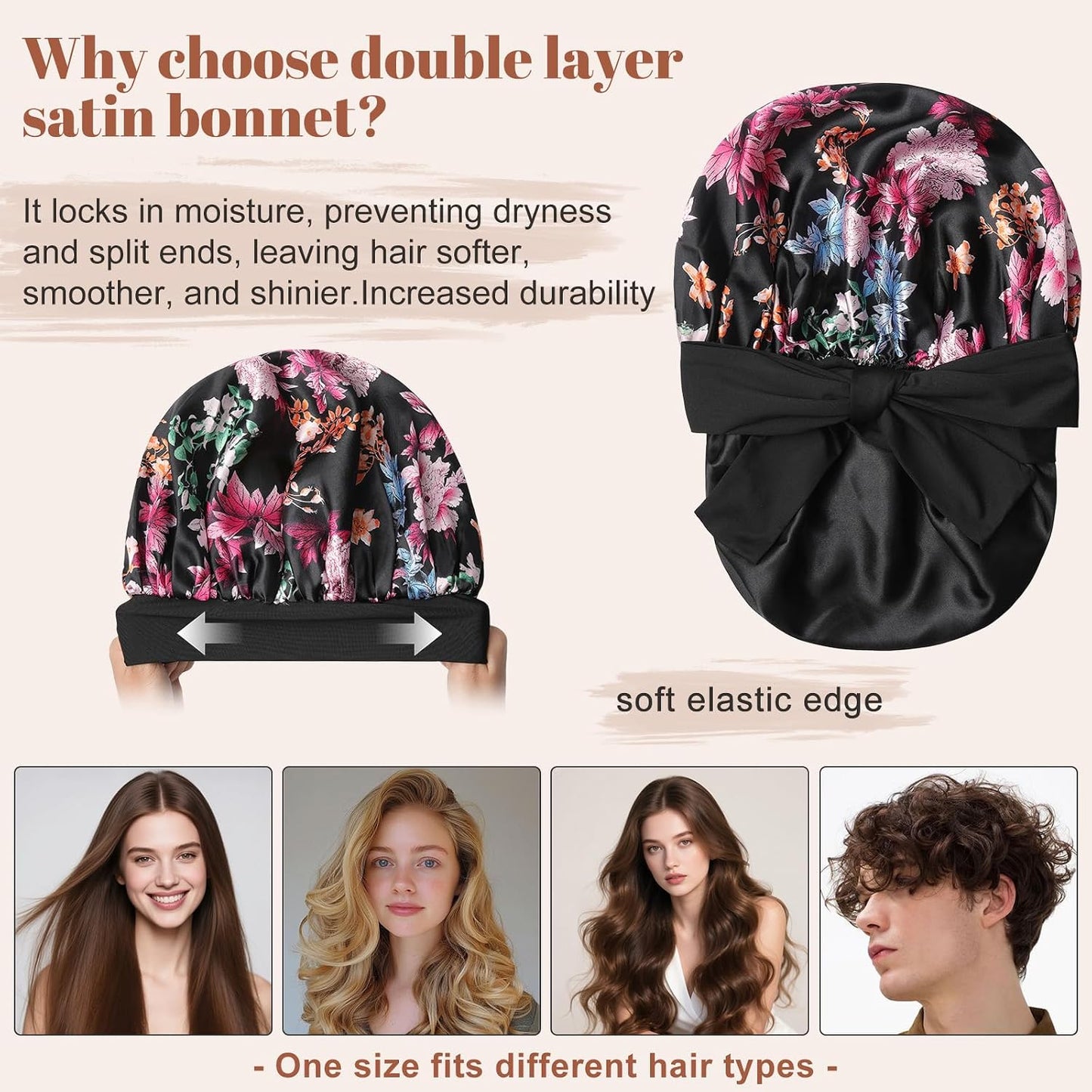Satin Bonnet for Sleeping Cap Double Layer Hair Bonnet with Elastic Tie Band for Curly Hair Night Cap (Bean Paste + Pink)