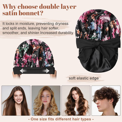 Satin Bonnet for Sleeping Cap Double Layer Hair Bonnet with Elastic Tie Band for Curly Hair Night Cap (Bean Paste + Pink)