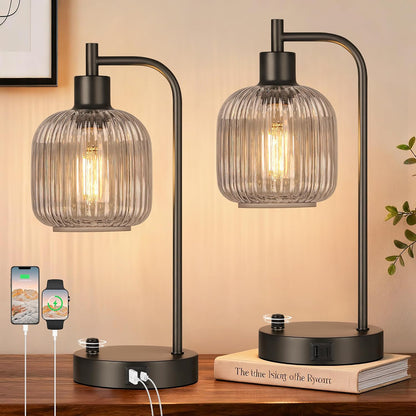 QiMH Industrial Table Lamp for Bedroom Set of 2, Green Glass Beside Lamp with USB A&C Ports, Stepless Dimmable Gold Lamps, Nightstand Lamps for Living Room, Office, Home Decor(Bulb Included)